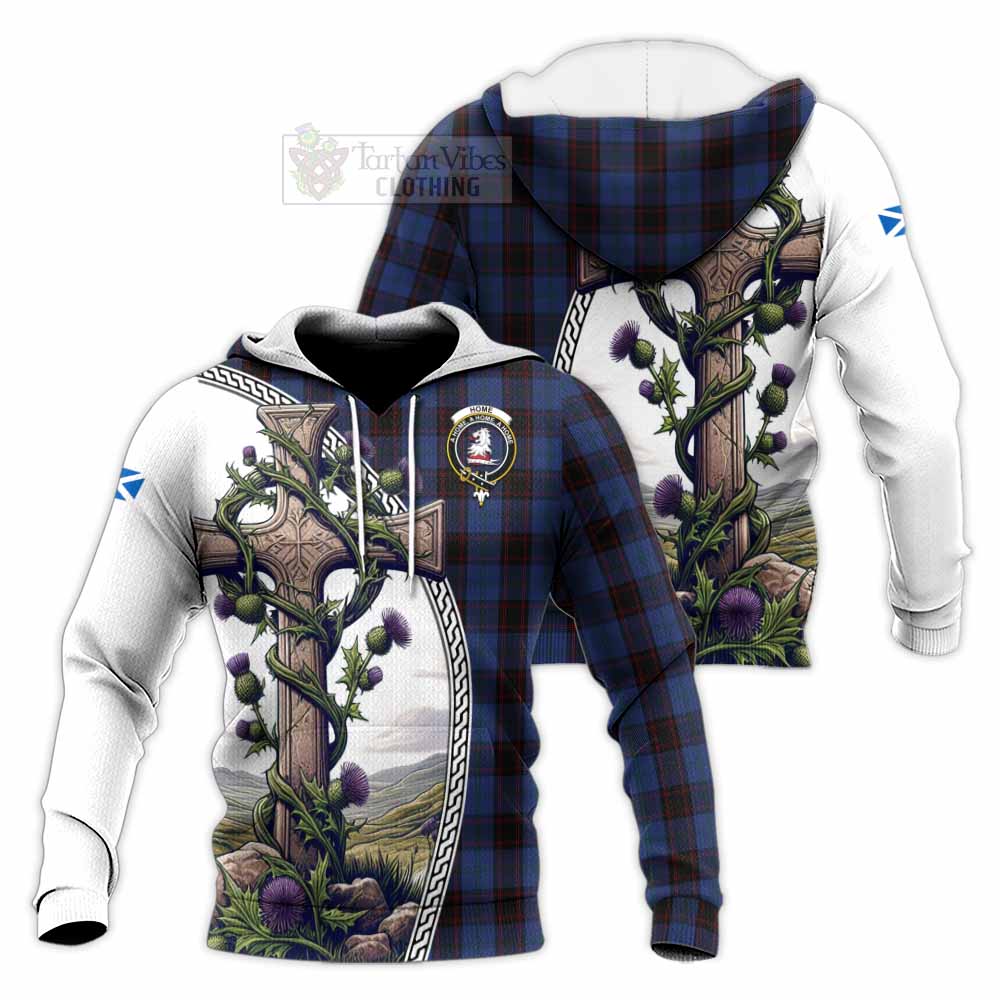 Tartan Vibes Clothing Home (Hume) Tartan Knitted Hoodie with Family Crest and St. Andrew's Cross Accented by Thistle Vines