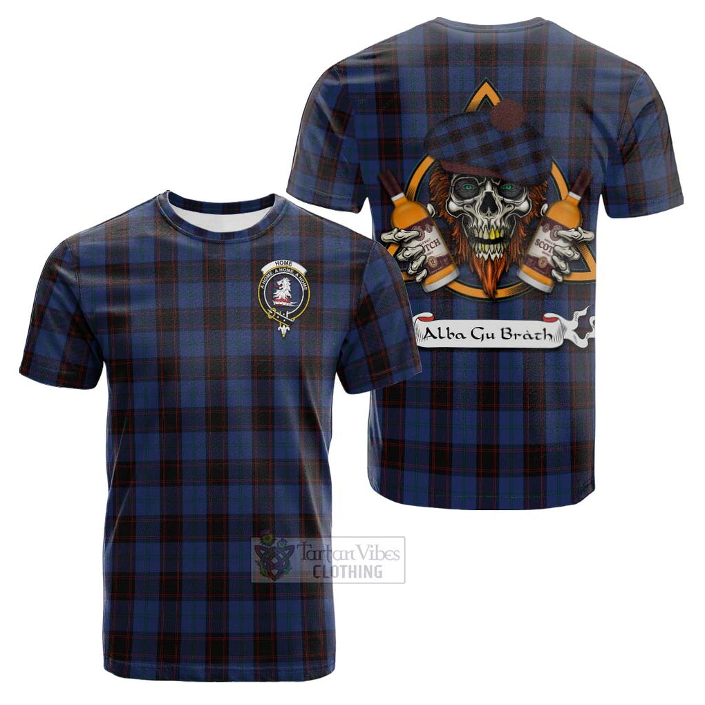 Tartan Vibes Clothing Home (Hume) Tartan Cotton T-shirt with Family Crest and Bearded Skull Holding Bottles of Whiskey