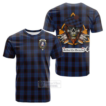 Home (Hume) Tartan Cotton T-shirt with Family Crest and Bearded Skull Holding Bottles of Whiskey