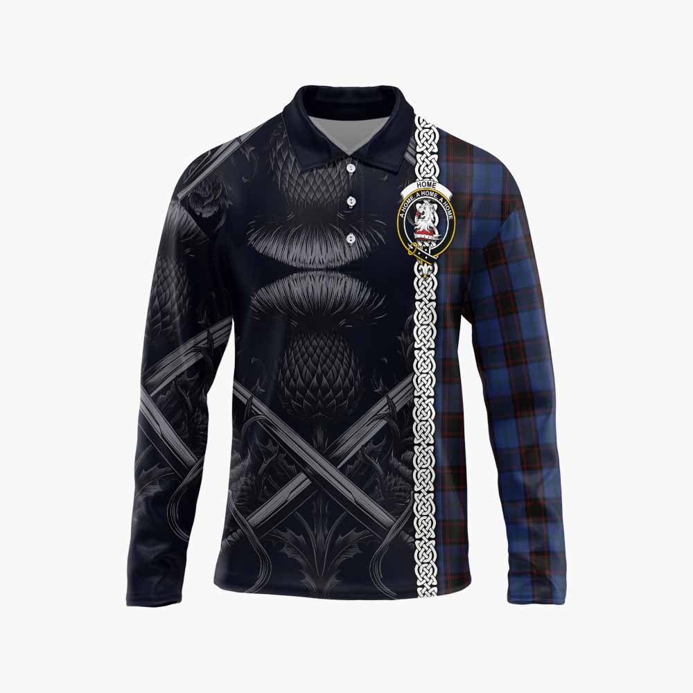 Tartan Vibes Clothing Home (Hume) Tartan Long Sleeve Polo Shirt with Family Crest Cross Sword Thistle Celtic Vibes