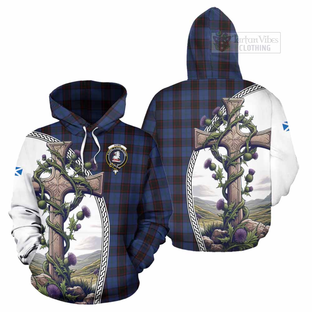 Tartan Vibes Clothing Home (Hume) Tartan Hoodie with Family Crest and St. Andrew's Cross Accented by Thistle Vines