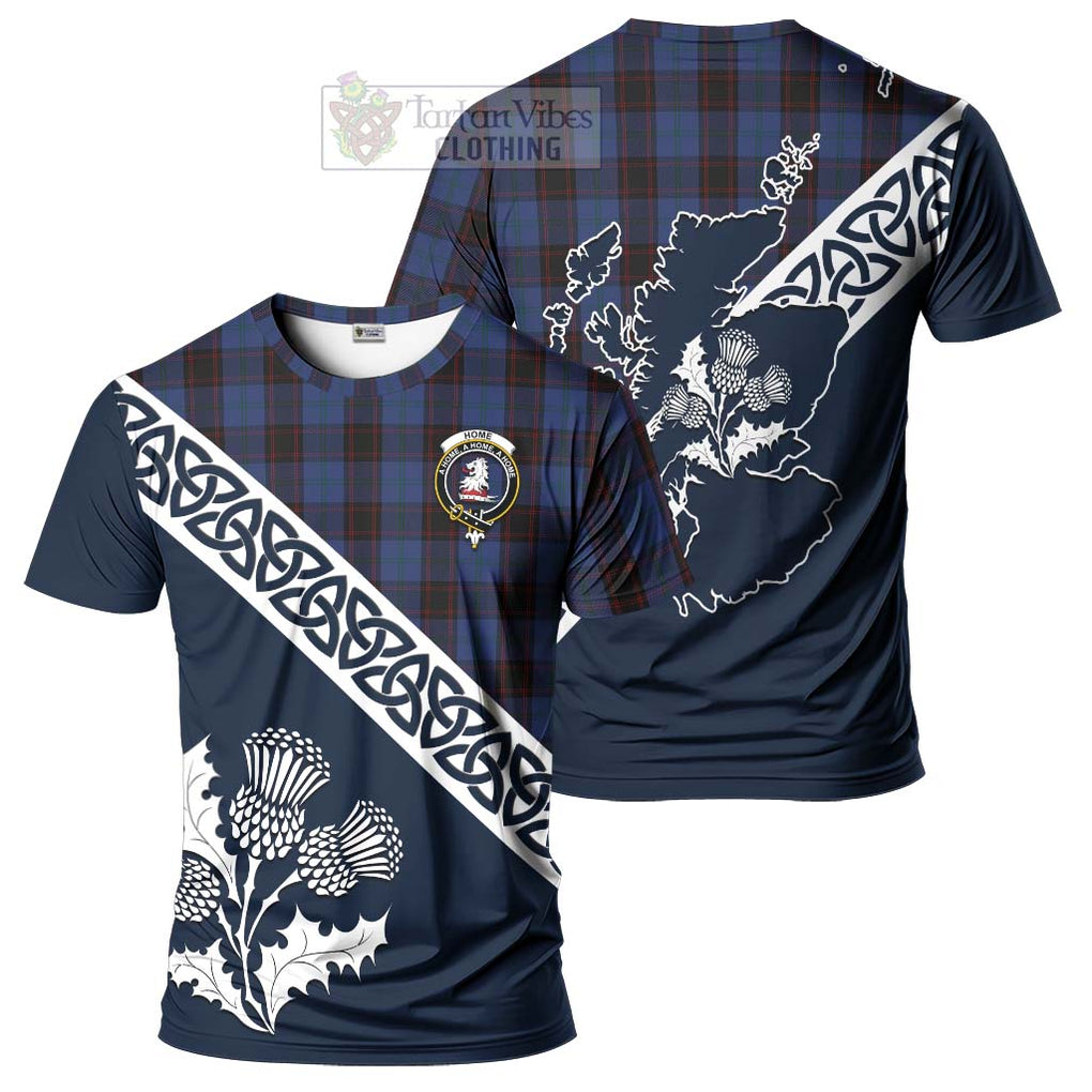 Home (Hume) Tartan T-Shirt Featuring Thistle and Scotland Map