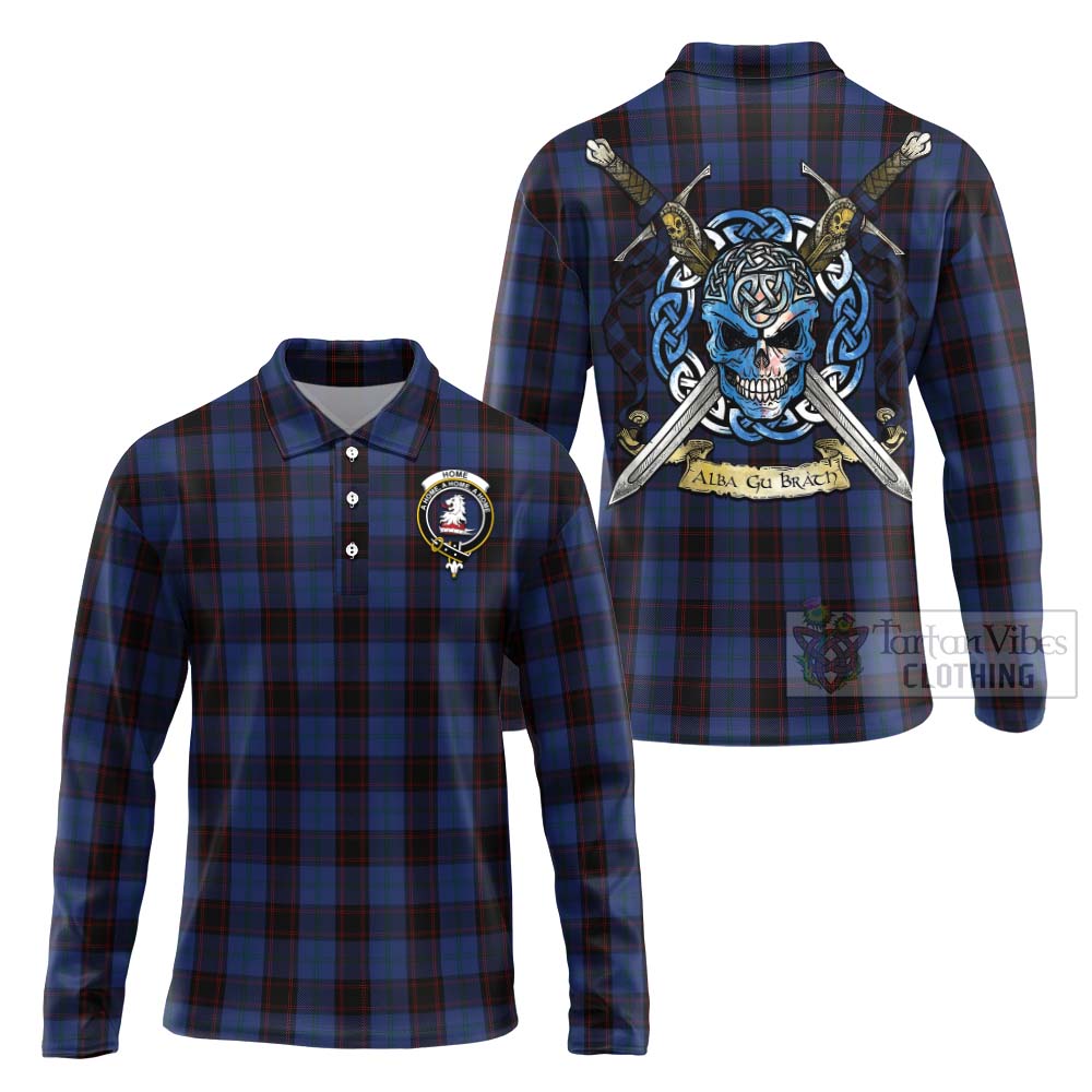 Tartan Vibes Clothing Home (Hume) Tartan Long Sleeve Polo Shirt with Family Crest Celtic Skull Style