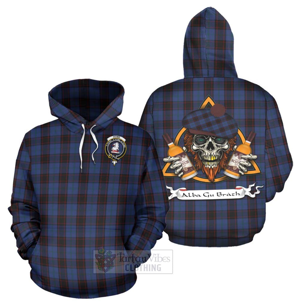 Tartan Vibes Clothing Home (Hume) Tartan Hoodie with Family Crest and Bearded Skull Holding Bottles of Whiskey