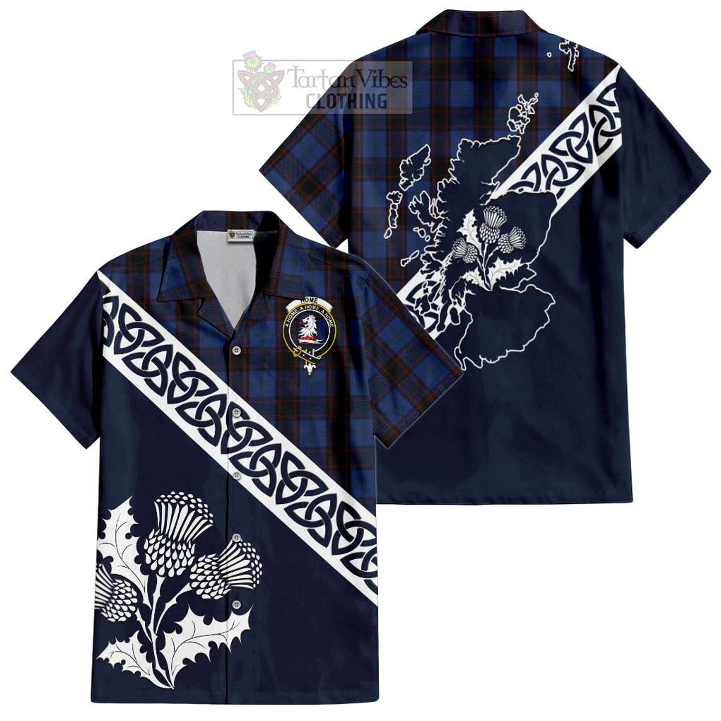 Tartan Vibes Clothing Home (Hume) Tartan Short Sleeve Button Shirt Featuring Thistle and Scotland Map