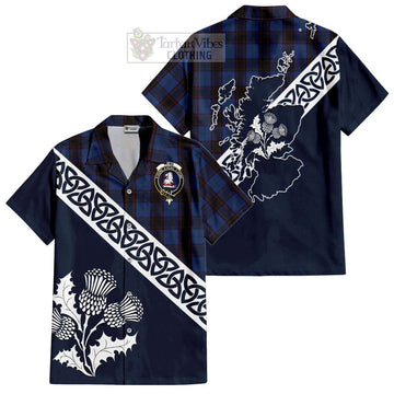 Home (Hume) Tartan Short Sleeve Button Shirt Featuring Thistle and Scotland Map