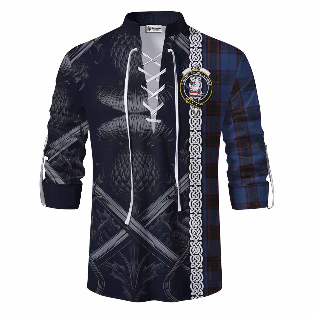 Tartan Vibes Clothing Home (Hume) Tartan Ghillie Kilt Shirt with Family Crest Cross Sword Thistle Celtic Vibes