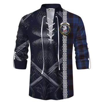 Home (Hume) Tartan Ghillie Kilt Shirt with Family Crest Cross Sword Thistle Celtic Vibes