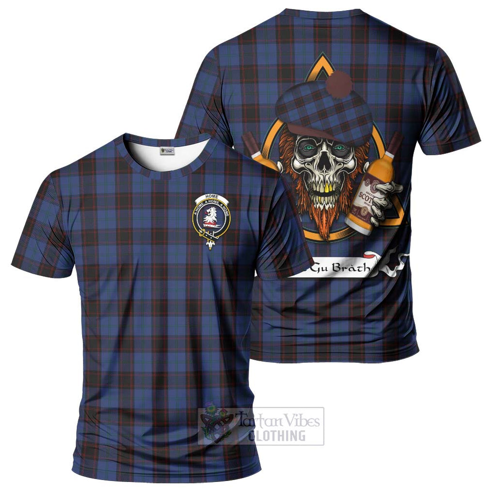 Tartan Vibes Clothing Home (Hume) Tartan T-Shirt with Family Crest and Bearded Skull Holding Bottles of Whiskey