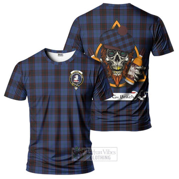 Home (Hume) Tartan T-Shirt with Family Crest and Bearded Skull Holding Bottles of Whiskey