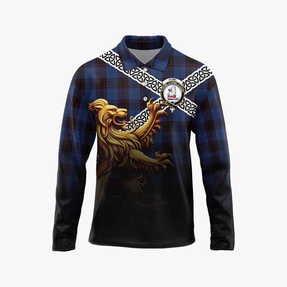 Home (Hume) Crest Tartan Long Sleeve Polo Shirt with Golden Lion Emblem Celtic Style Unisex - Tartan Vibes Clothing