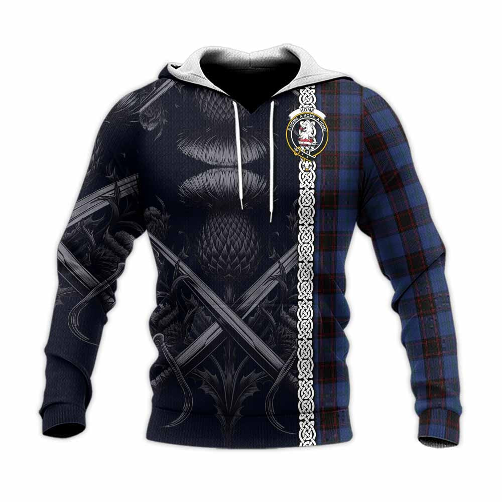 Tartan Vibes Clothing Home (Hume) Tartan Knitted Hoodie with Family Crest Cross Sword Thistle Celtic Vibes