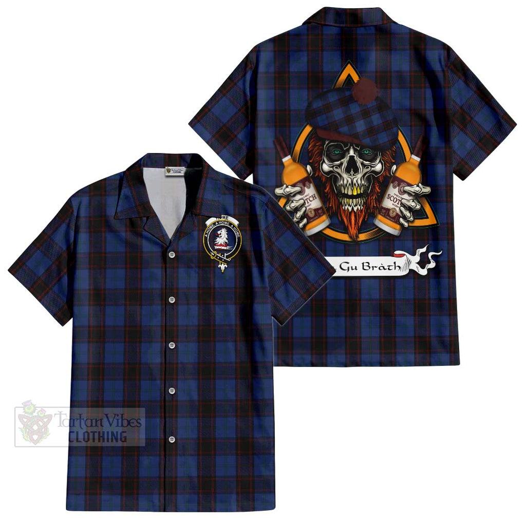 Tartan Vibes Clothing Home (Hume) Tartan Short Sleeve Button Shirt with Family Crest and Bearded Skull Holding Bottles of Whiskey