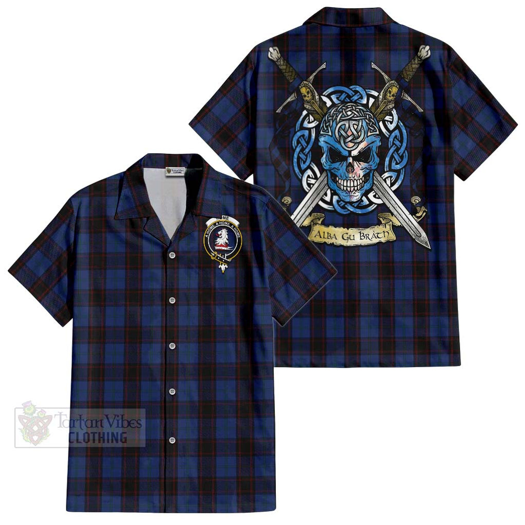 Tartan Vibes Clothing Home (Hume) Tartan Short Sleeve Button Shirt with Family Crest Celtic Skull Style