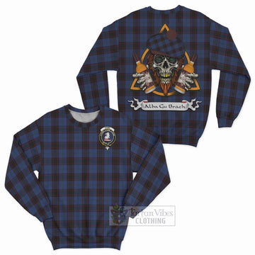 Home (Hume) Tartan Sweatshirt with Family Crest and Bearded Skull Holding Bottles of Whiskey