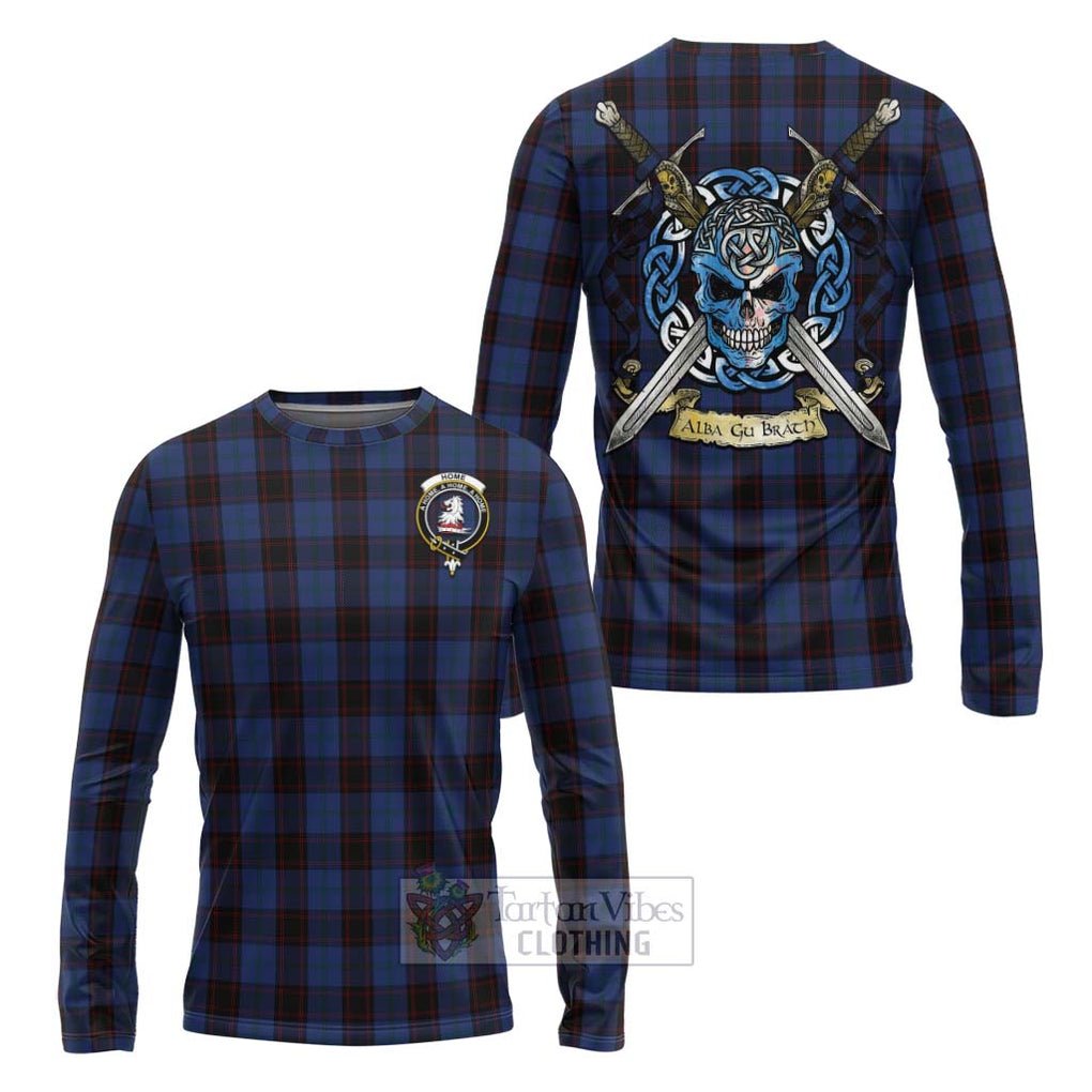 Tartan Vibes Clothing Home (Hume) Tartan Long Sleeve T-Shirt with Family Crest Celtic Skull Style