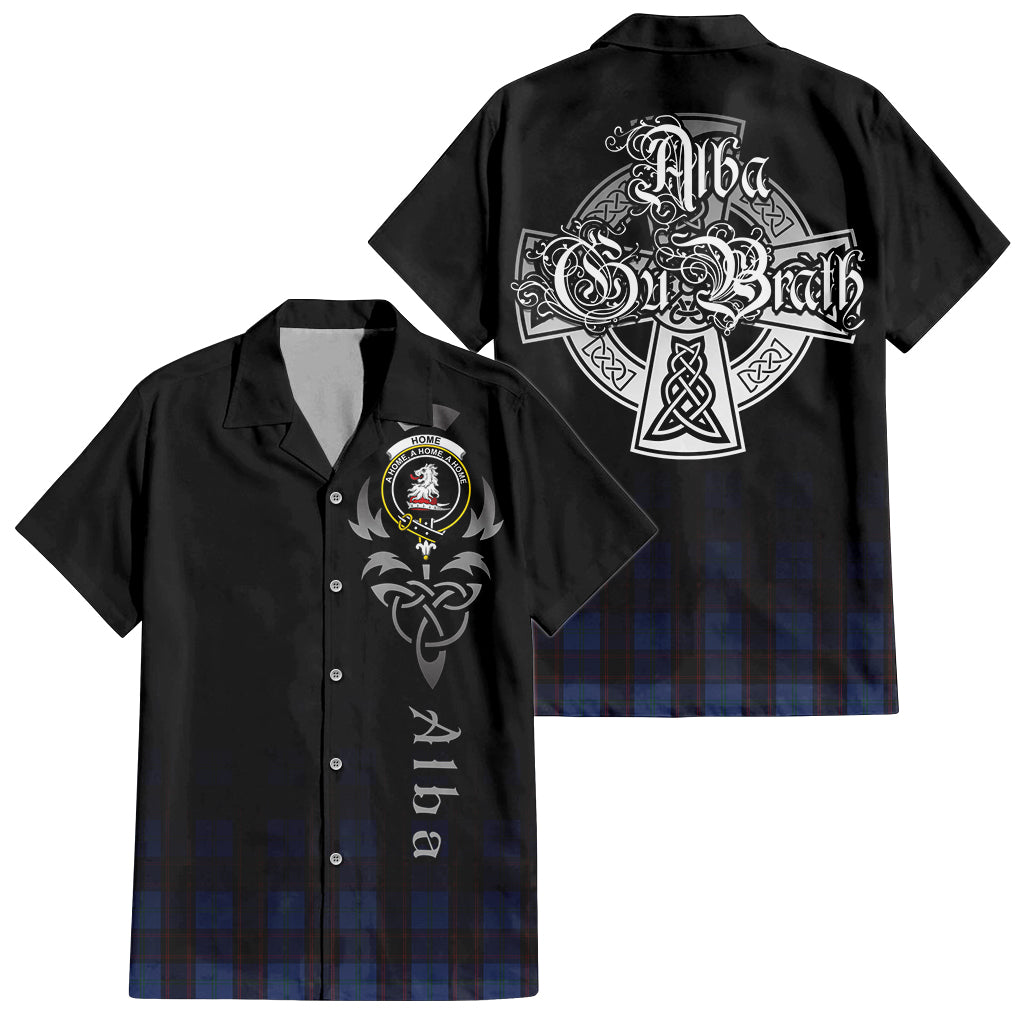 Tartan Vibes Clothing Home (Hume) Tartan Short Sleeve Button Up Featuring Alba Gu Brath Family Crest Celtic Inspired