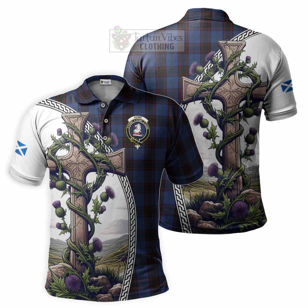 Tartan Vibes Clothing Home (Hume) Tartan Polo Shirt with Family Crest and St. Andrew's Cross Accented by Thistle Vines