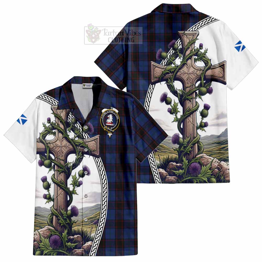 Tartan Vibes Clothing Home (Hume) Tartan Short Sleeve Button Shirt with Family Crest and St. Andrew's Cross Accented by Thistle Vines