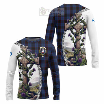 Home (Hume) Tartan Long Sleeve T-Shirt with Family Crest and St. Andrew's Cross Accented by Thistle Vines