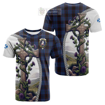 Home (Hume) Tartan Cotton T-shirt with Family Crest and St. Andrew's Cross Accented by Thistle Vines