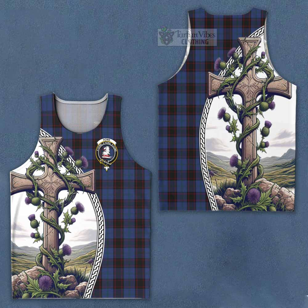 Tartan Vibes Clothing Home (Hume) Tartan Men's Tank Top with Family Crest and St. Andrew's Cross Accented by Thistle Vines