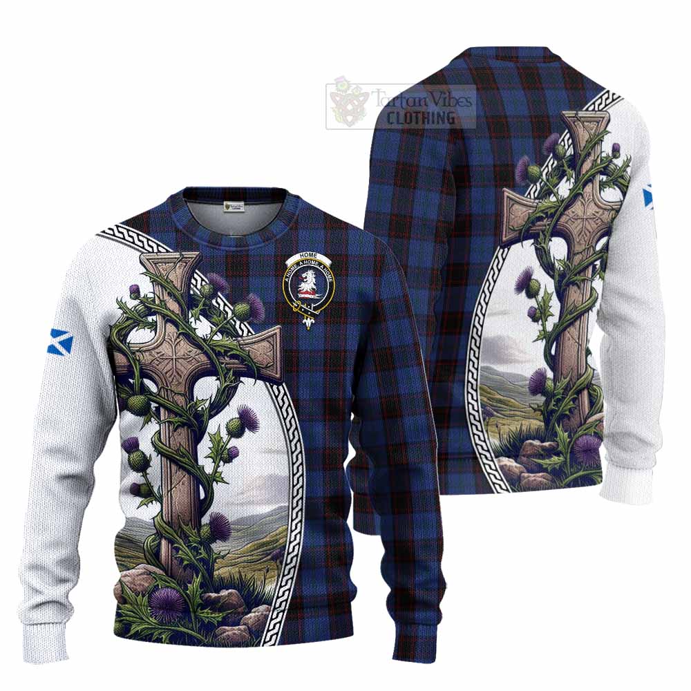 Tartan Vibes Clothing Home (Hume) Tartan Knitted Sweater with Family Crest and St. Andrew's Cross Accented by Thistle Vines