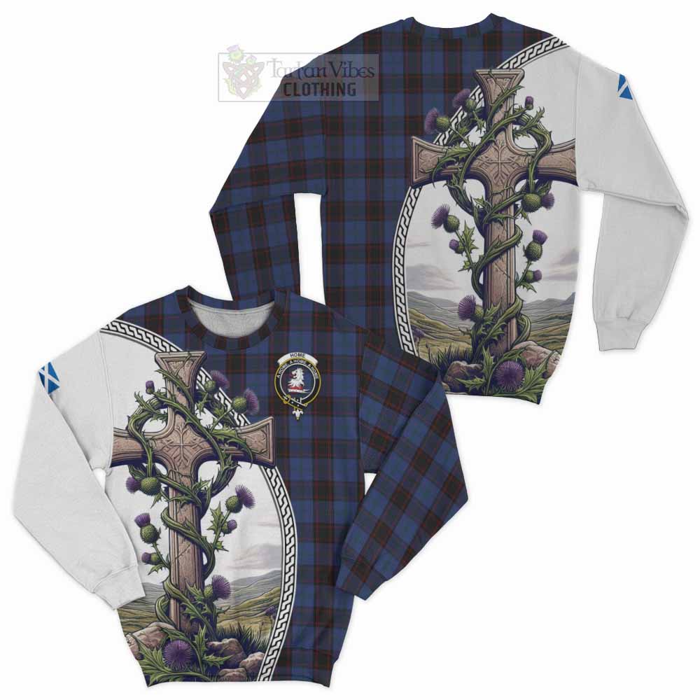 Tartan Vibes Clothing Home (Hume) Tartan Sweatshirt with Family Crest and St. Andrew's Cross Accented by Thistle Vines