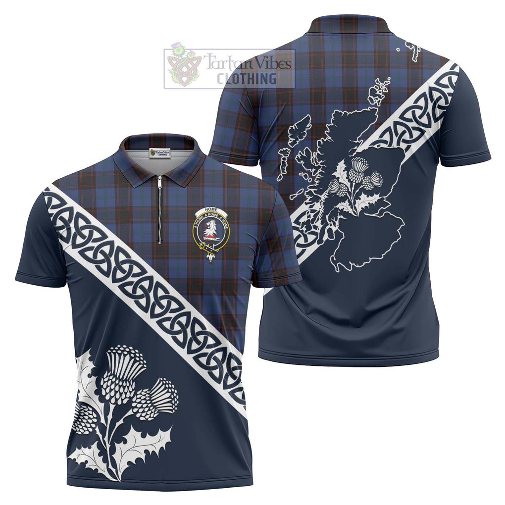 Tartan Vibes Clothing Home (Hume) Tartan Zipper Polo Shirt Featuring Thistle and Scotland Map