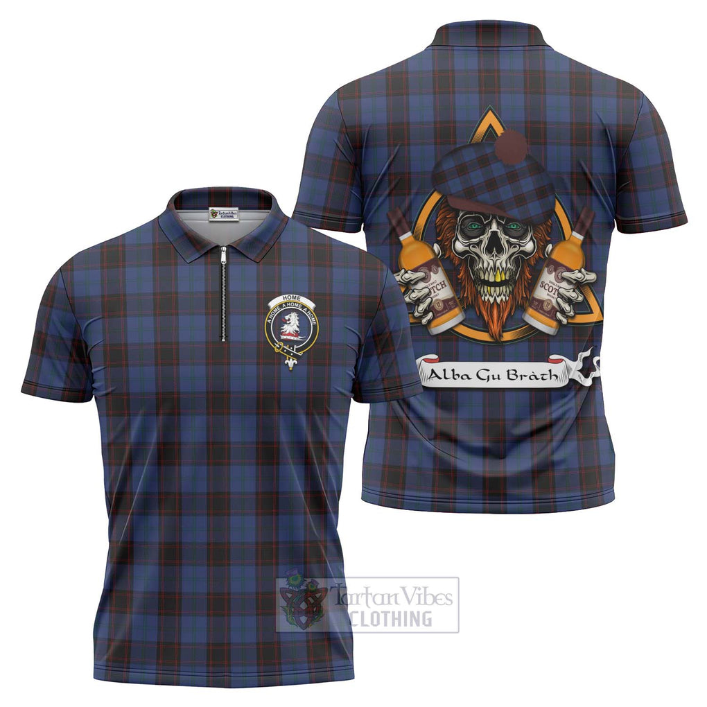 Tartan Vibes Clothing Home (Hume) Tartan Zipper Polo Shirt with Family Crest and Bearded Skull Holding Bottles of Whiskey