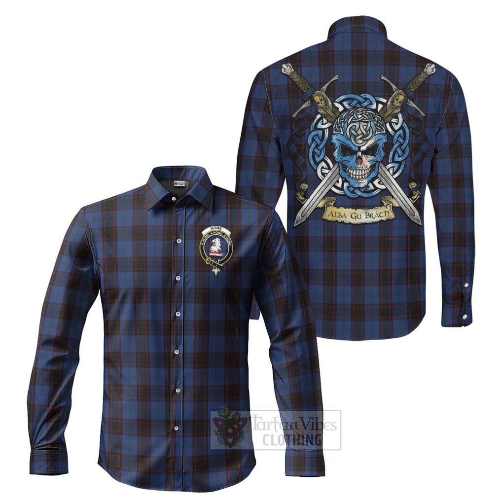 Tartan Vibes Clothing Home (Hume) Tartan Long Sleeve Button Shirt with Family Crest Celtic Skull Style