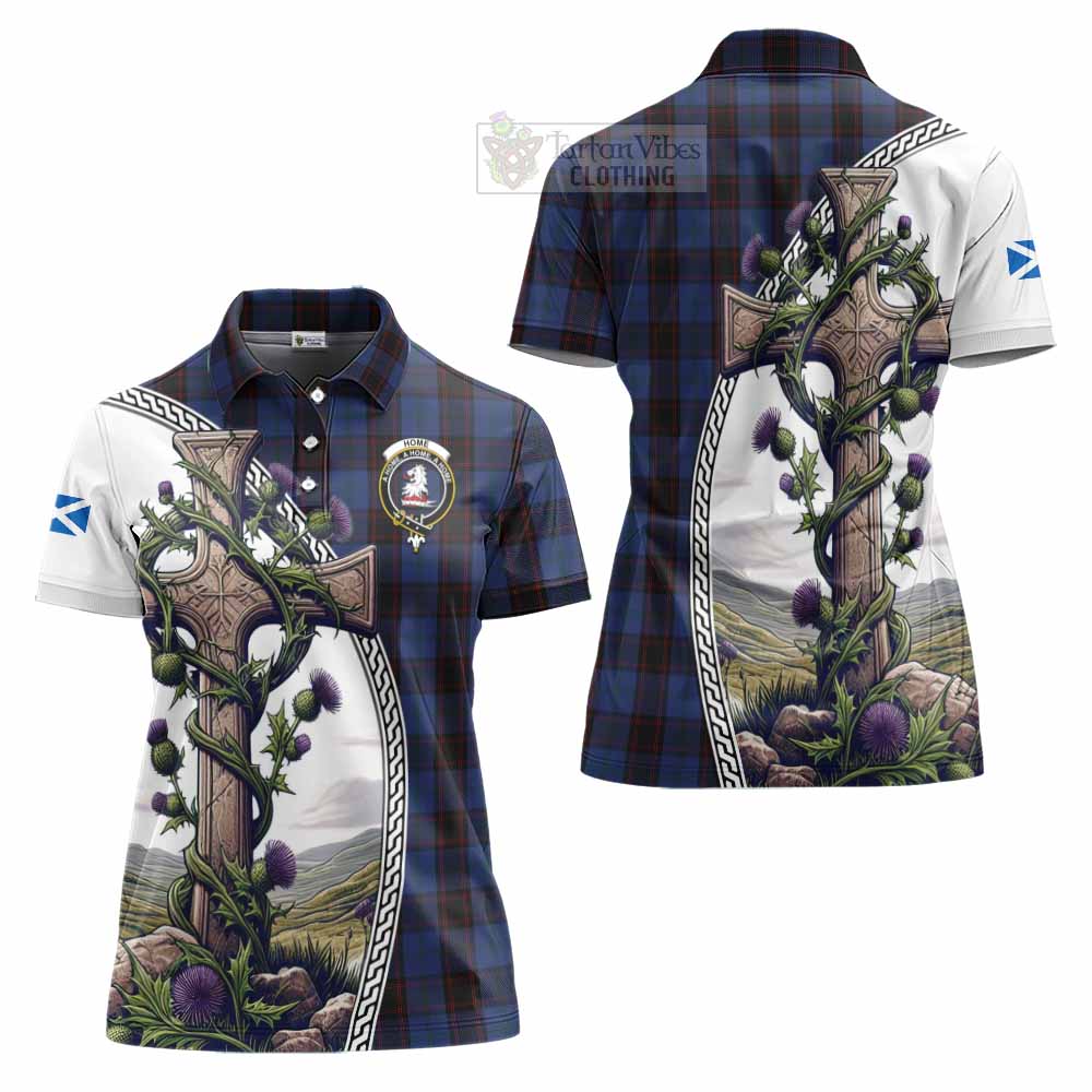 Tartan Vibes Clothing Home (Hume) Tartan Women's Polo Shirt with Family Crest and St. Andrew's Cross Accented by Thistle Vines