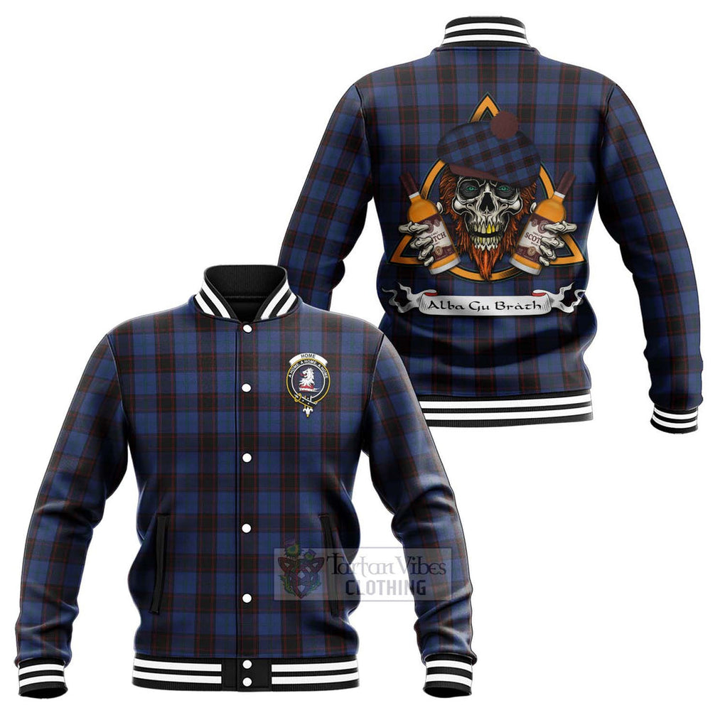 Tartan Vibes Clothing Home (Hume) Tartan Baseball Jacket with Family Crest and Bearded Skull Holding Bottles of Whiskey