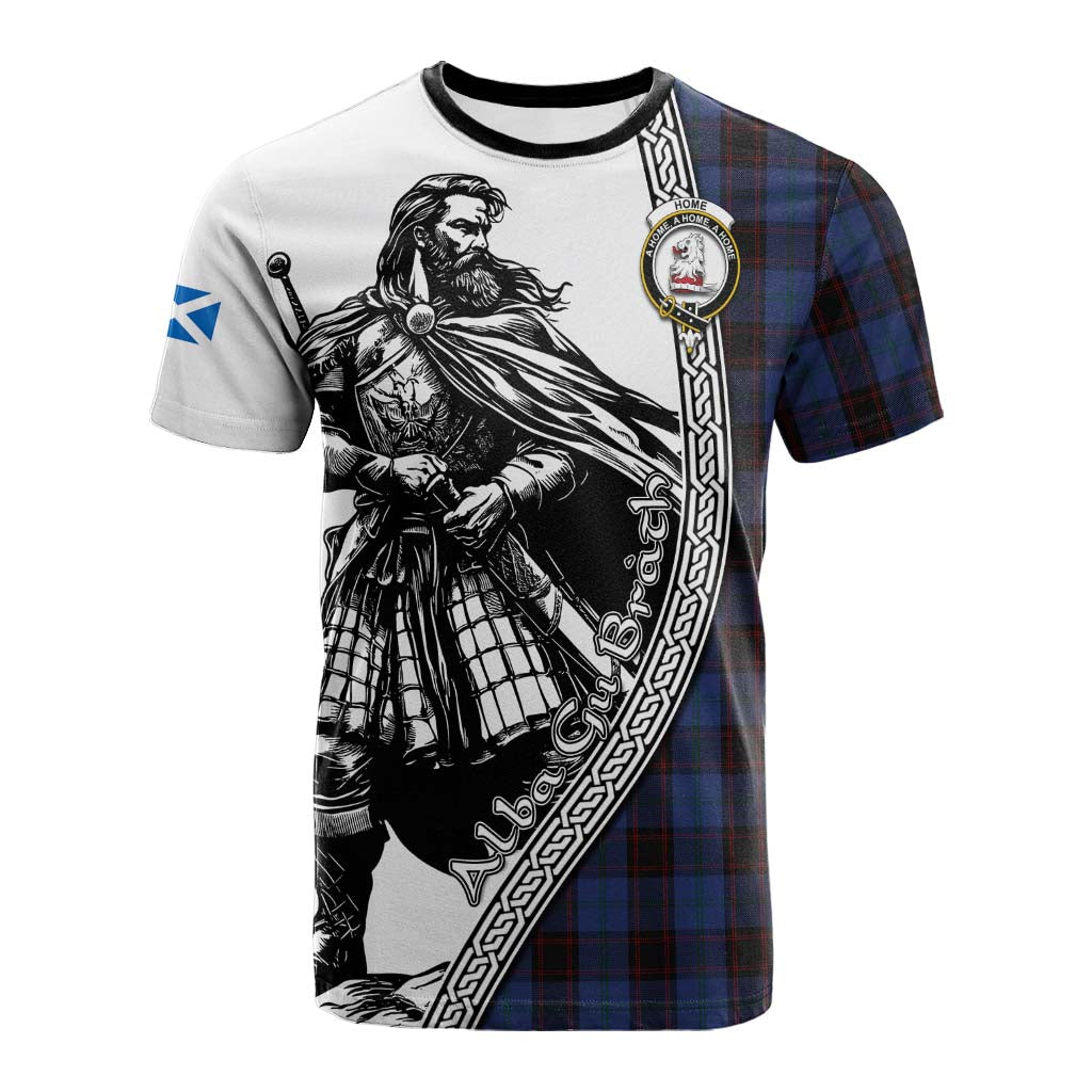 Home (Hume) Tartan Clan Crest Cotton T-shirt with Highlander Warrior Celtic Style