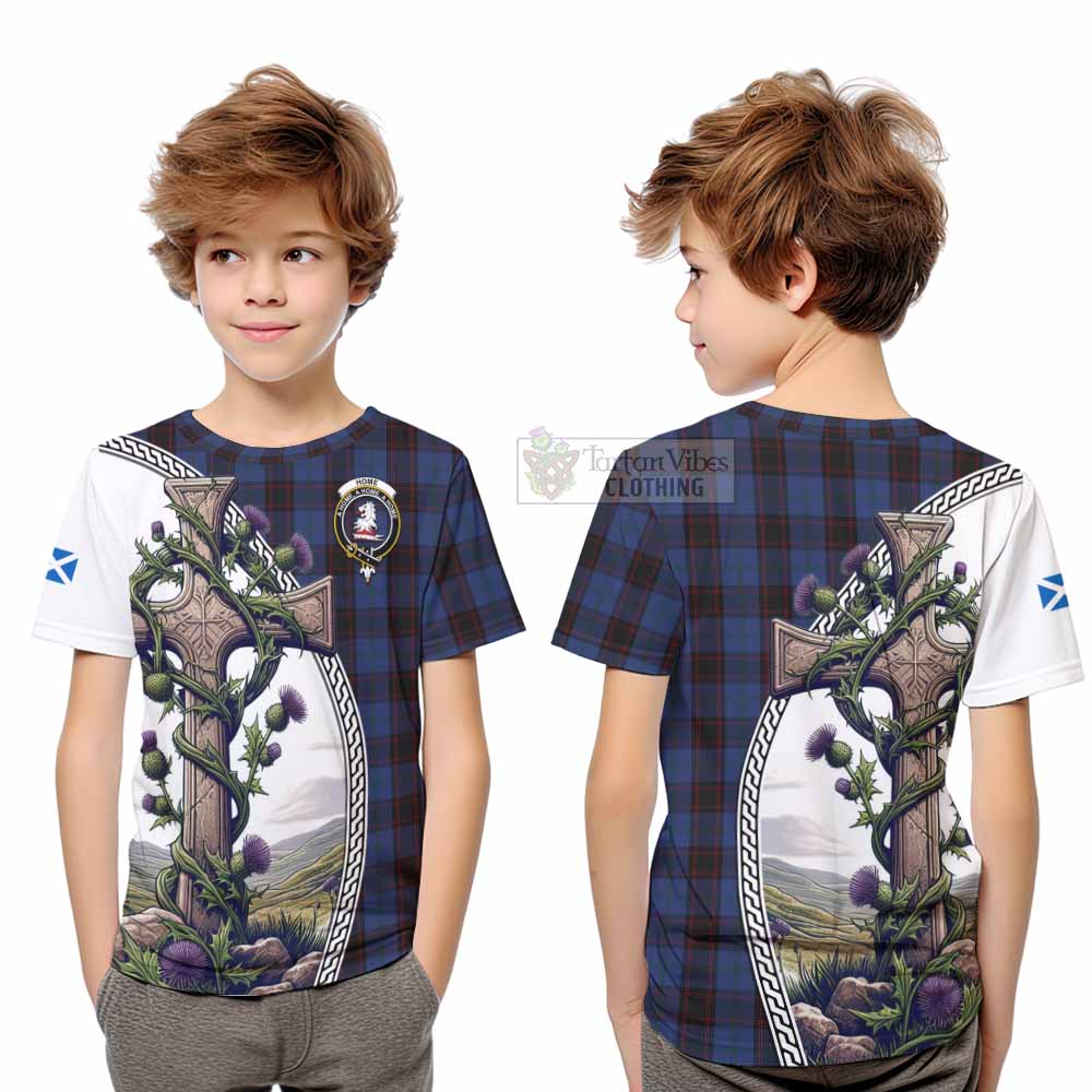 Tartan Vibes Clothing Home (Hume) Tartan Kid T-Shirt with Family Crest and St. Andrew's Cross Accented by Thistle Vines