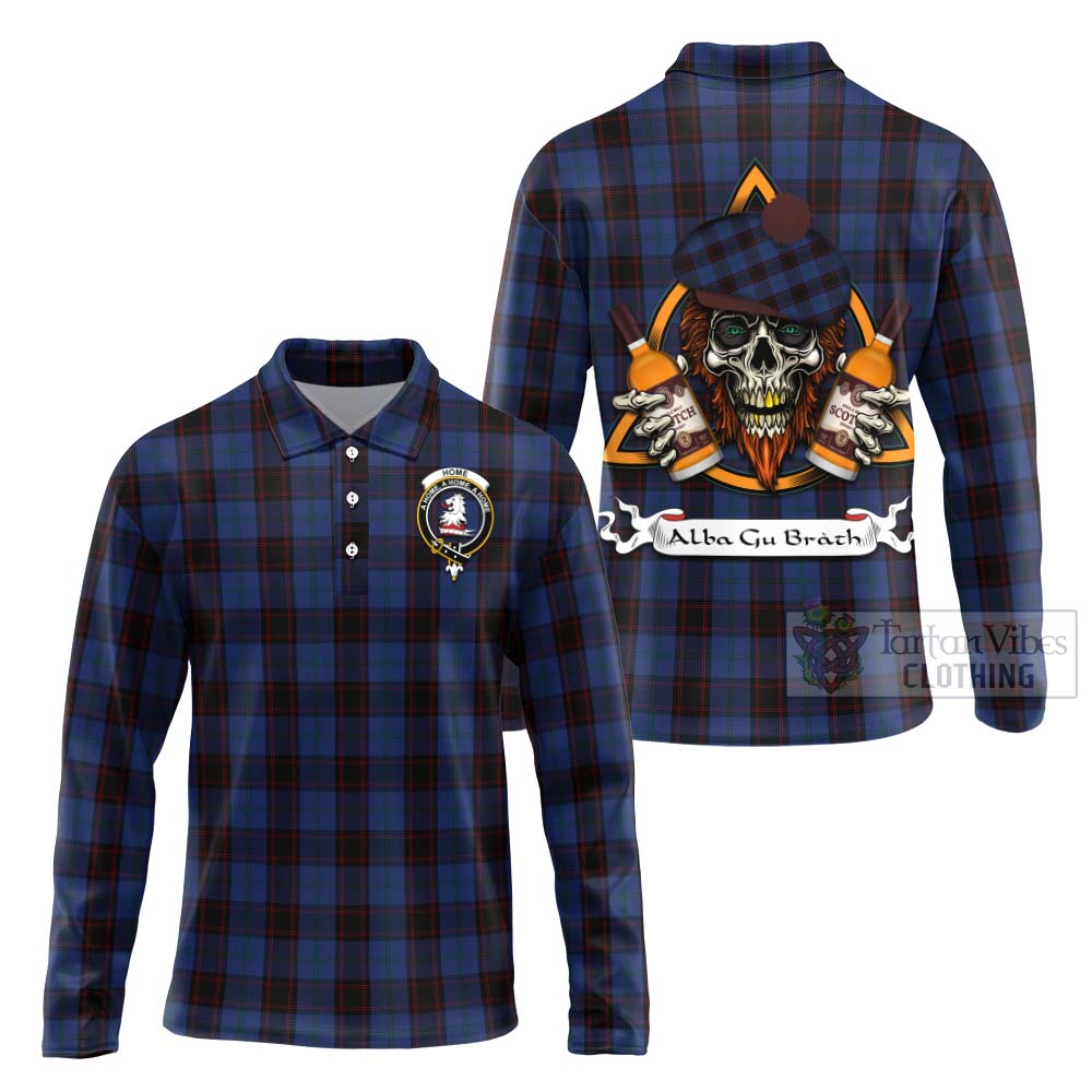 Tartan Vibes Clothing Home (Hume) Tartan Long Sleeve Polo Shirt with Family Crest and Bearded Skull Holding Bottles of Whiskey