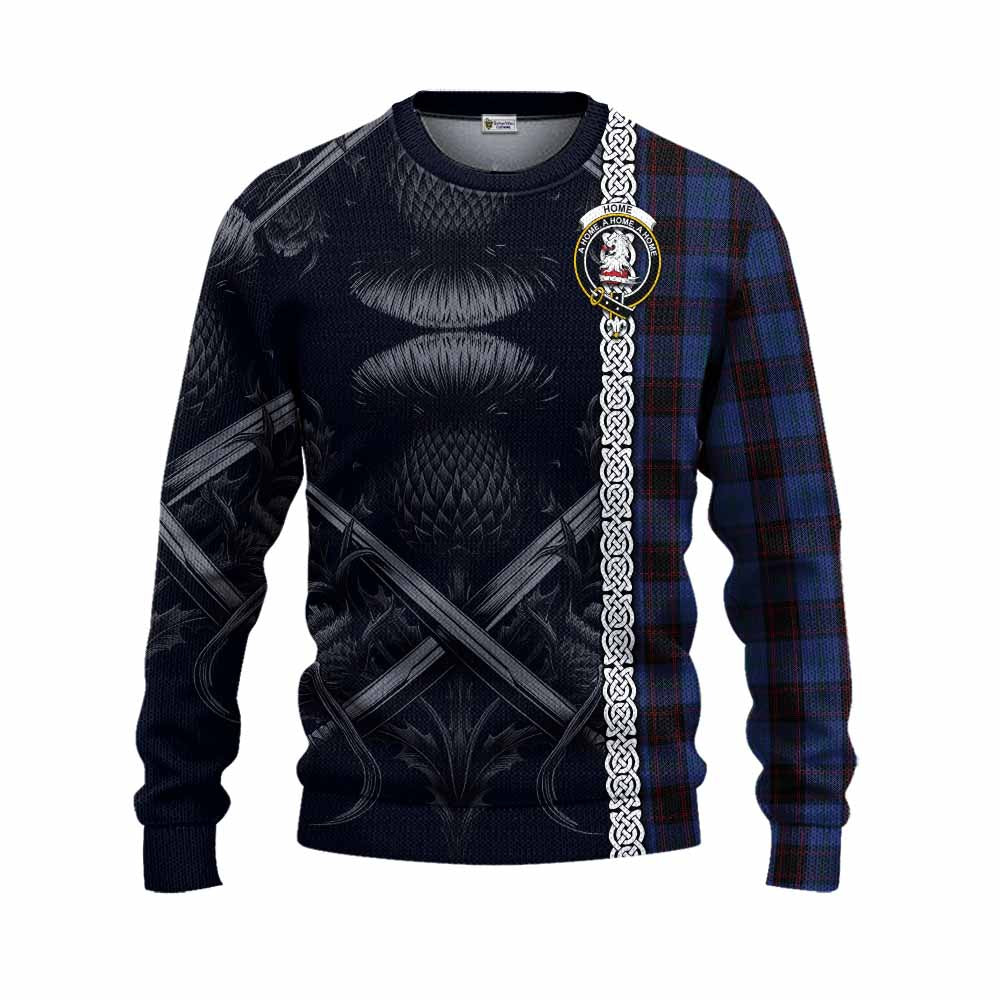 Tartan Vibes Clothing Home (Hume) Tartan Knitted Sweater with Family Crest Cross Sword Thistle Celtic Vibes