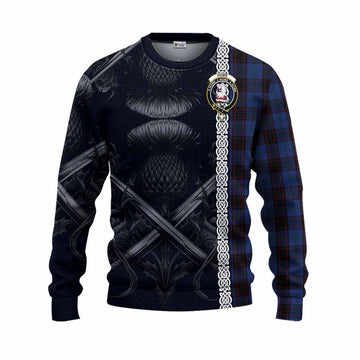 Home (Hume) Tartan Knitted Sweater with Family Crest Cross Sword Thistle Celtic Vibes