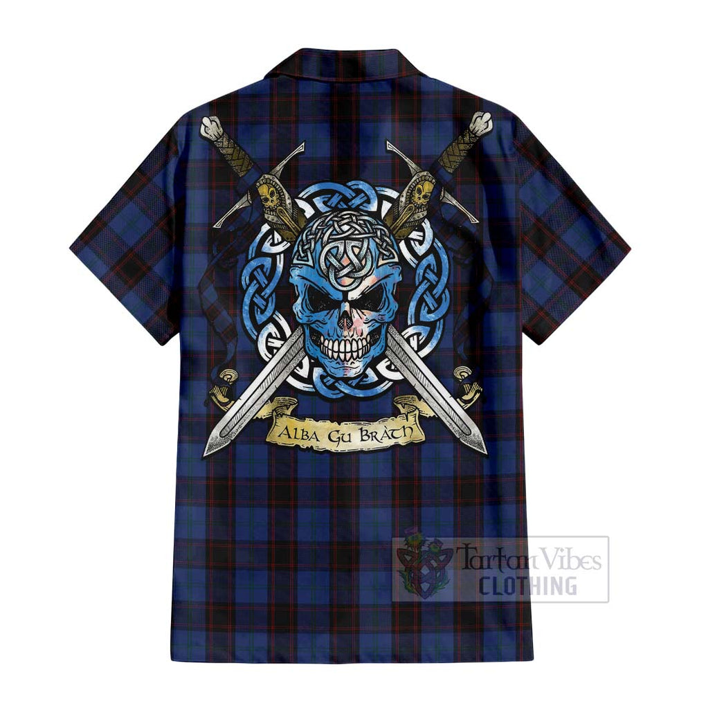 Tartan Vibes Clothing Home (Hume) Tartan Short Sleeve Button Shirt with Family Crest Celtic Skull Style