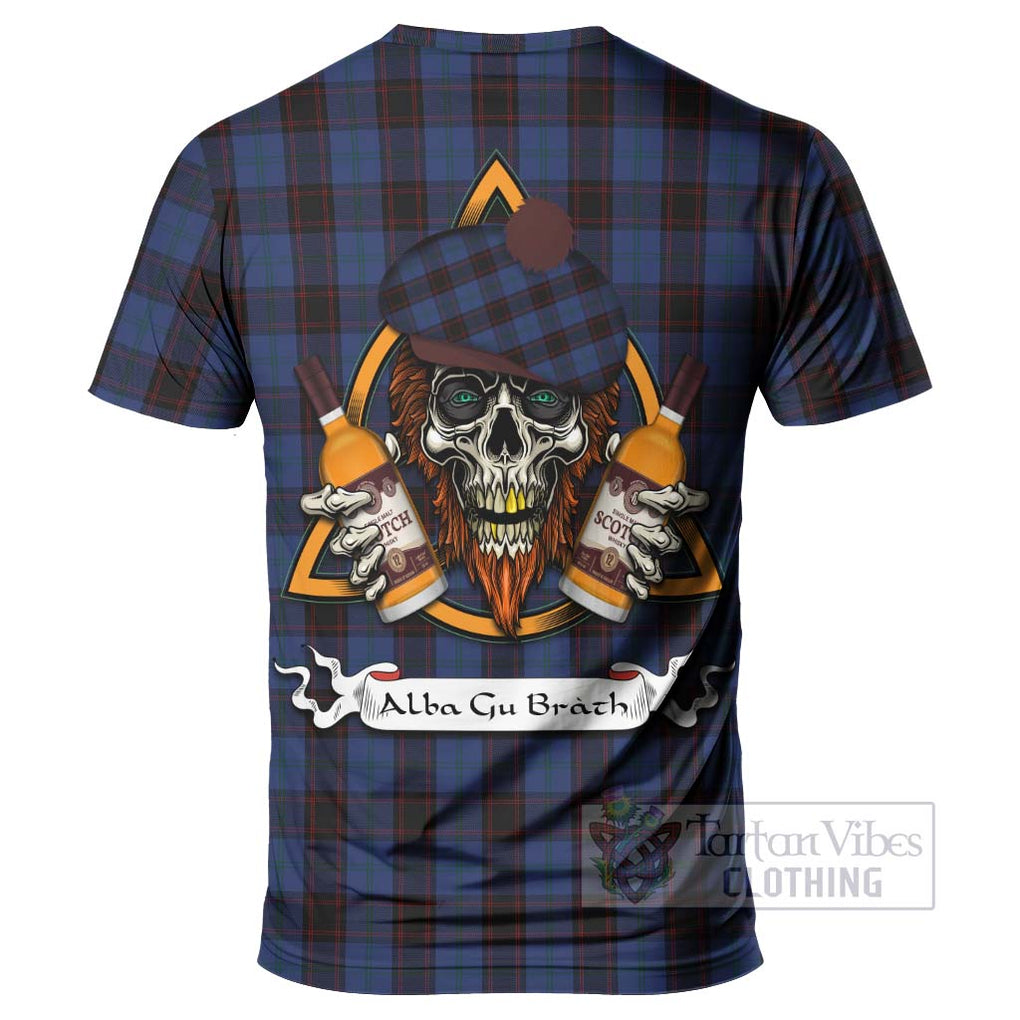 Tartan Vibes Clothing Home (Hume) Tartan T-Shirt with Family Crest and Bearded Skull Holding Bottles of Whiskey