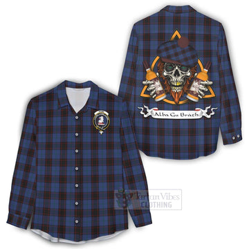 Home (Hume) Tartan Women's Casual Shirt with Family Crest and Bearded Skull Holding Bottles of Whiskey