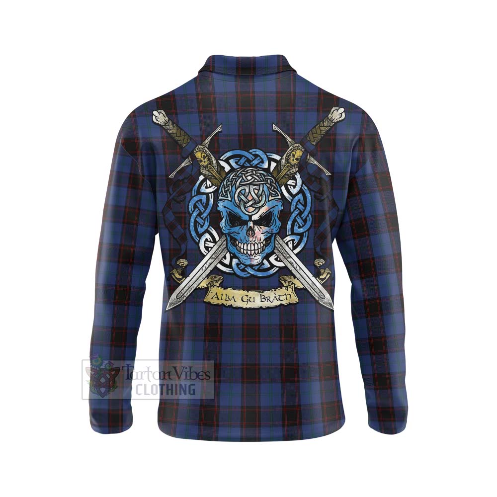 Tartan Vibes Clothing Home (Hume) Tartan Long Sleeve Polo Shirt with Family Crest Celtic Skull Style