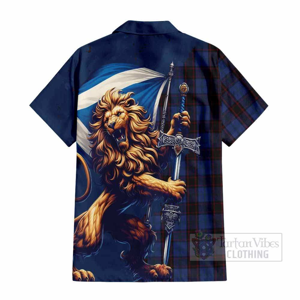 Tartan Vibes Clothing Home (Hume) Tartan Family Crest Short Sleeve Button Shirt with Scottish Majestic Lion