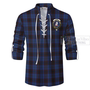 Home (Hume) Tartan Ghillie Kilt Shirt with Family Crest and Bearded Skull Holding Bottles of Whiskey