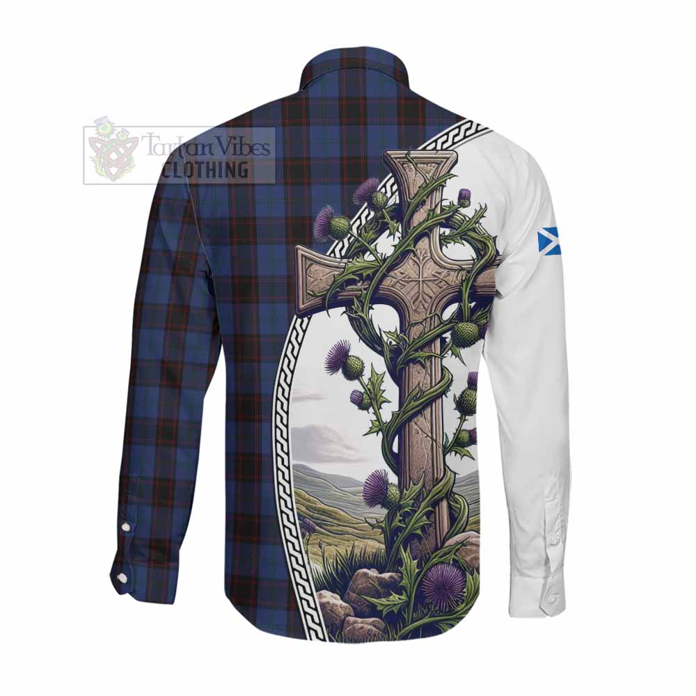 Tartan Vibes Clothing Home (Hume) Tartan Long Sleeve Button Shirt with Family Crest and St. Andrew's Cross Accented by Thistle Vines