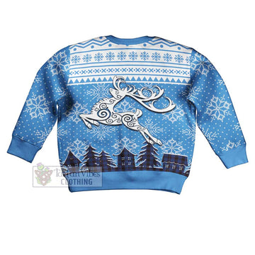 Home (Hume) Clan Christmas Kid Ugly Sweater with Tartan and Celtic Reindeer Style