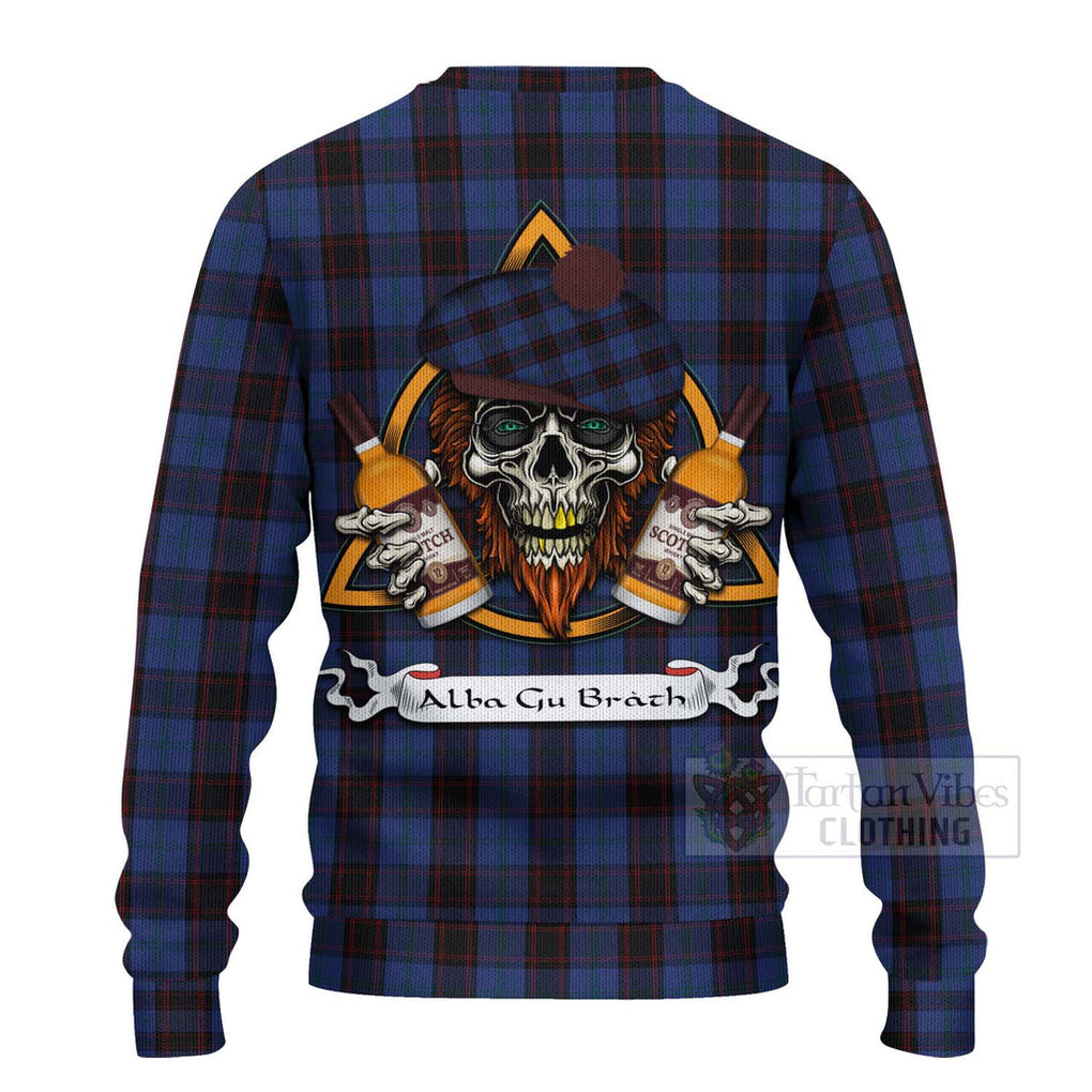 Tartan Vibes Clothing Home (Hume) Tartan Knitted Sweater with Family Crest and Bearded Skull Holding Bottles of Whiskey