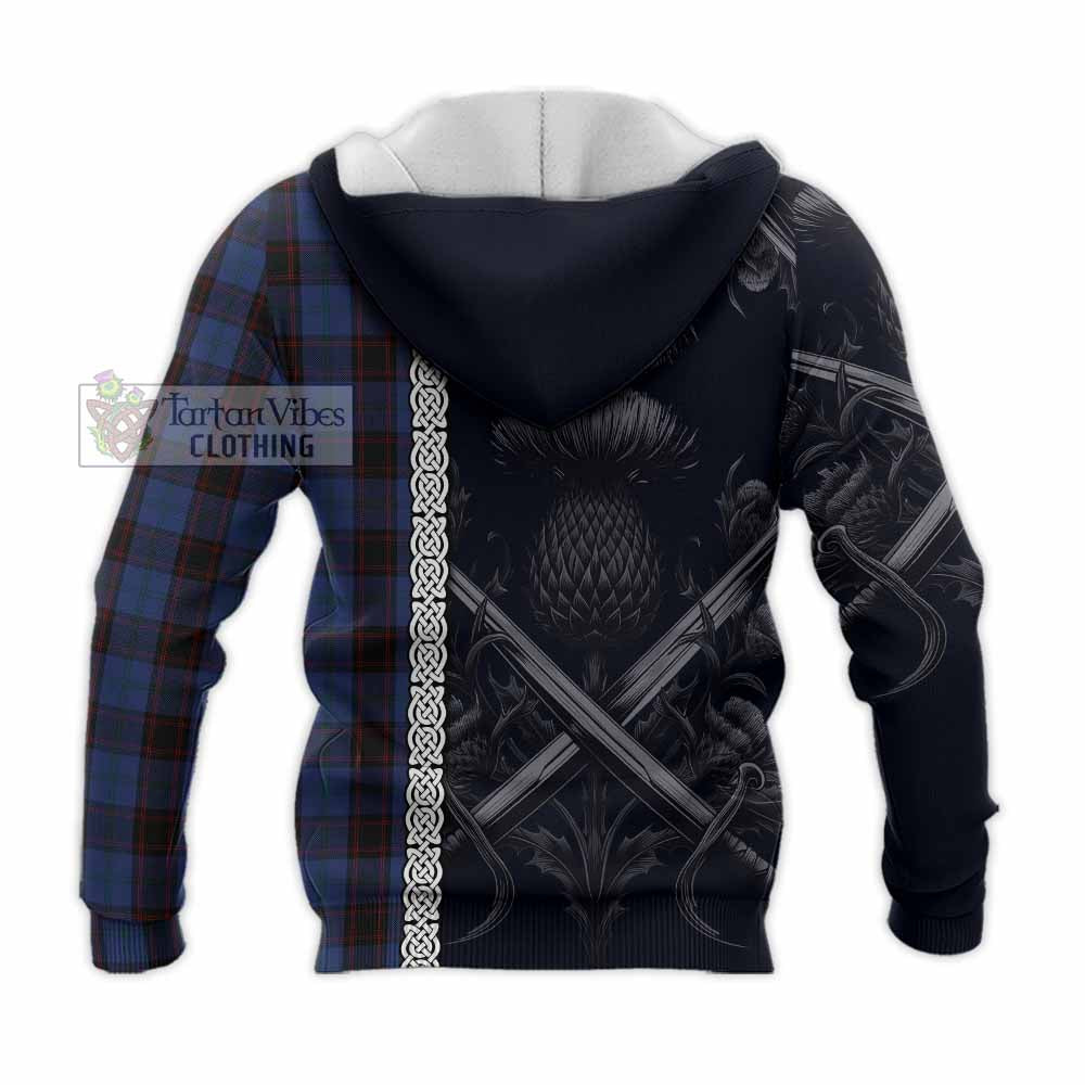 Tartan Vibes Clothing Home (Hume) Tartan Knitted Hoodie with Family Crest Cross Sword Thistle Celtic Vibes