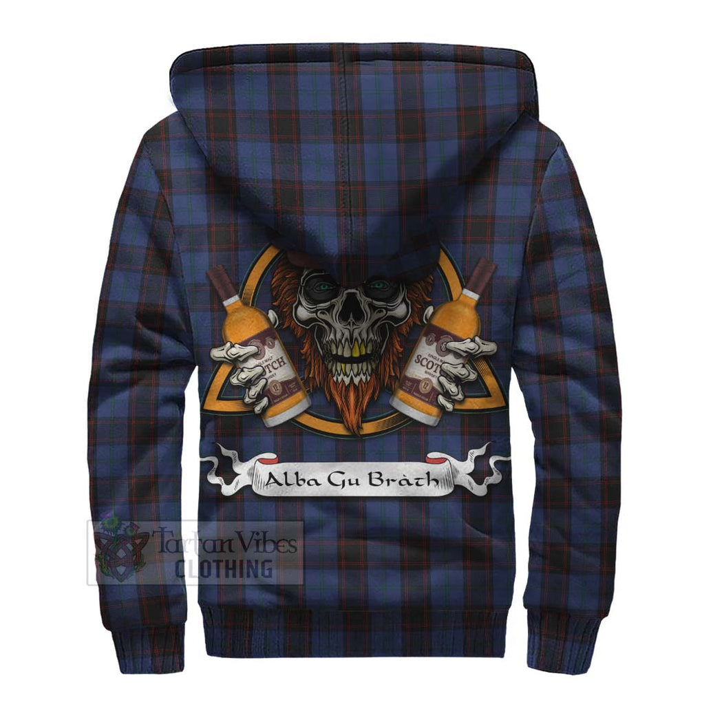 Tartan Vibes Clothing Home (Hume) Tartan Sherpa Hoodie with Family Crest and Bearded Skull Holding Bottles of Whiskey