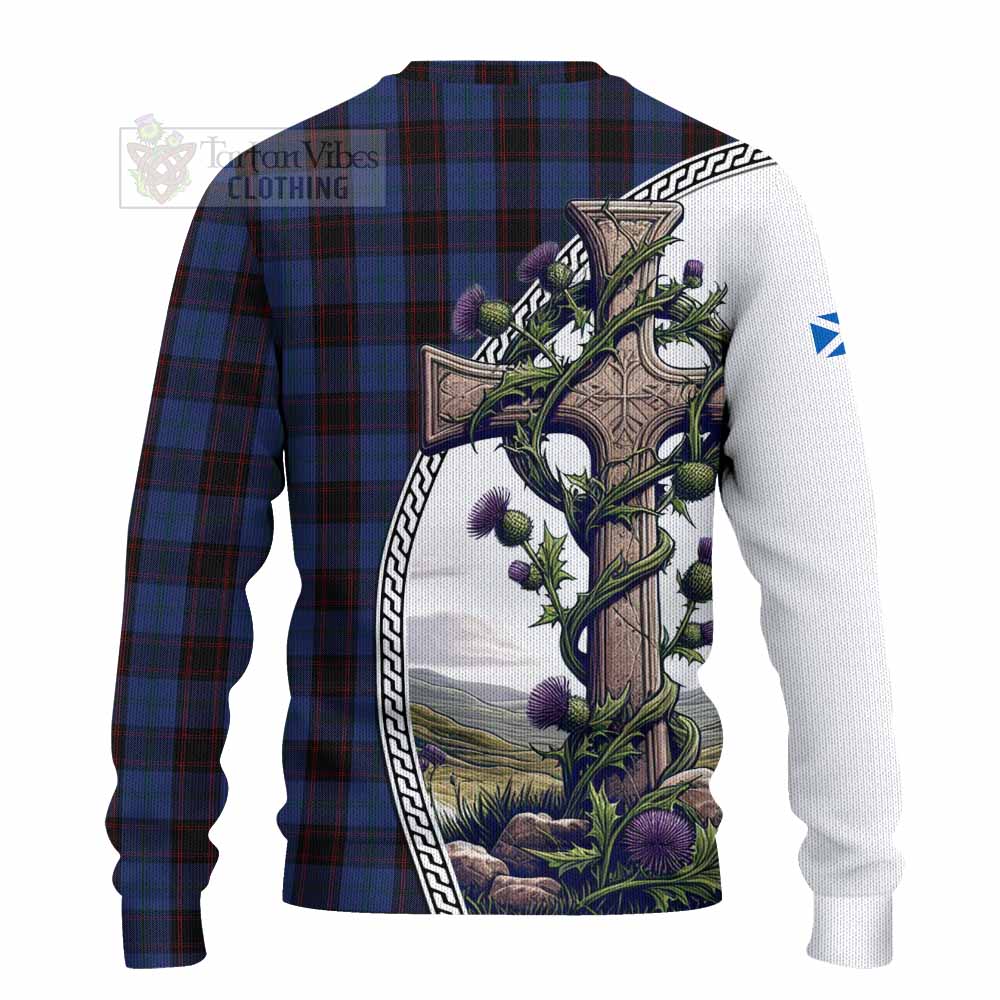 Tartan Vibes Clothing Home (Hume) Tartan Knitted Sweater with Family Crest and St. Andrew's Cross Accented by Thistle Vines